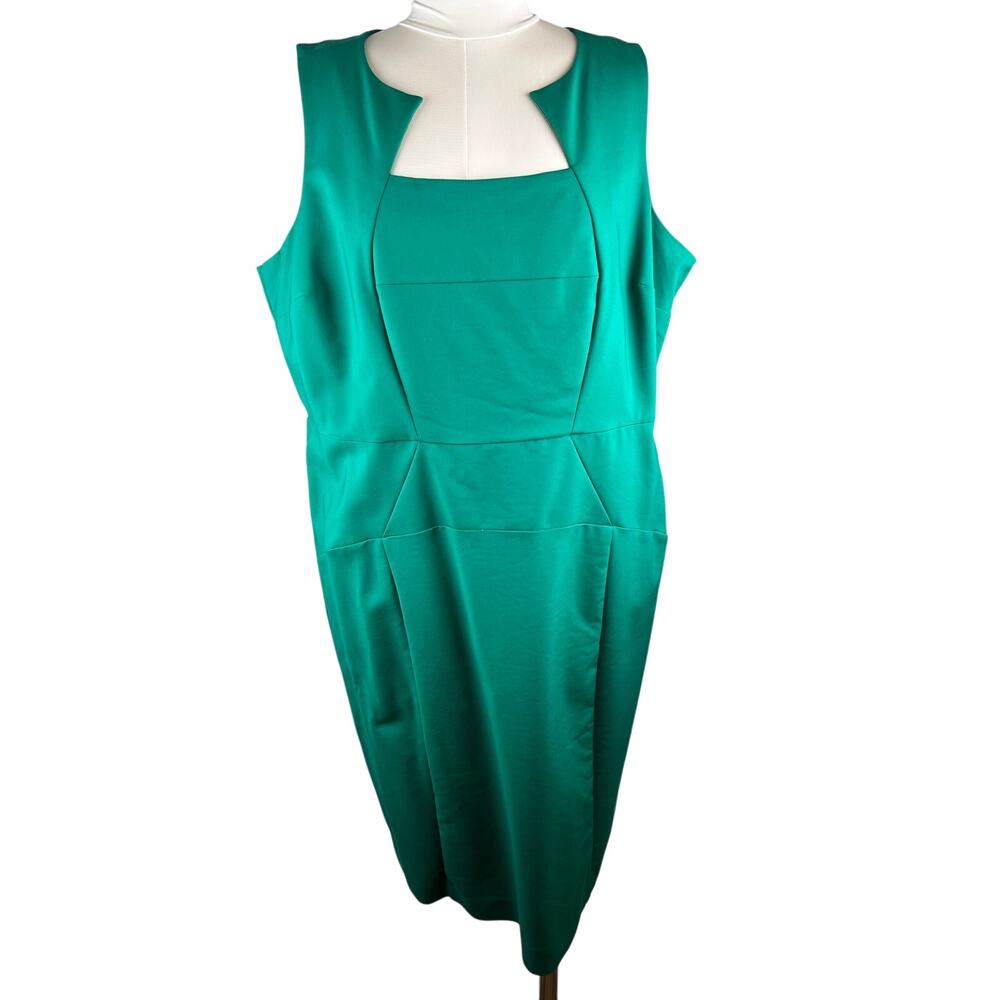 ELOQUII Green Sheath Dress 20 Notch Neck Stretch Midi Career Wedding Guest